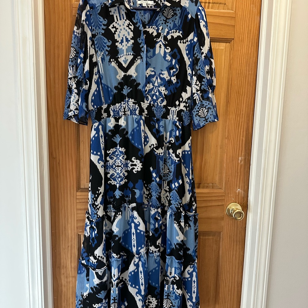 Chico’s Blue Ikat Puff Sleeve Midi Dress Size 2 (12)